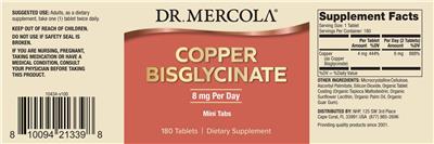 Photo of the Dr. Mercola Copper Bisglycinate 8 mg label