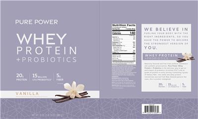 Photo of the Pure Power Whey Protein + Probiotics Vanilla label