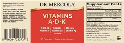 Photo of the Dr. Mercola Vitamins A 5,000 IU D3 5,000 IU K2 180 mcg label