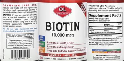 Photo of the OL Olympian Labs Biotin 10,000 mcg label
