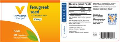 Photo of the The Vitamin Shoppe Fenugreek Seed 610 mg label