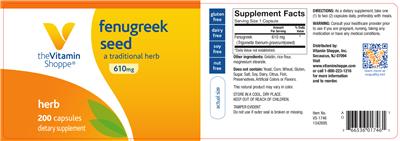 Photo of the The Vitamin Shoppe Fenugreek Seed 610 mg label