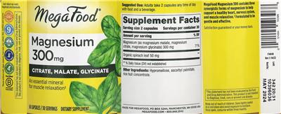 Photo of the MegaFood Magnesium 300 mg label