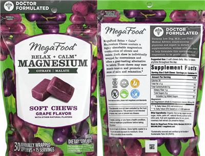 Photo of the MegaFood Relax + Calm Magnesium Soft Chews Grape Flavor label