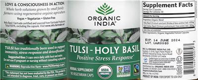 Photo of the Organic India Tulsi-Holy Basil Positive Stress Response label