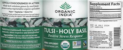 Photo of the Organic India Tulsi-Holy Basil Positive Stress Response label