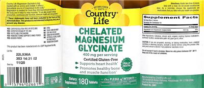 Photo of the Country Life Chelated Magnesium Glycinate 400 mg label