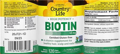 Photo of the Country Life High Potency Biotin 10 mg label
