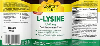 Photo of the Country Life L-Lysine 1,000 mg label