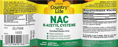 Photo of the Country Life NAC N-Acetyl Cysteine 750 mg label
