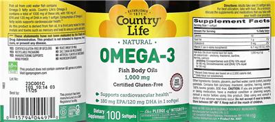 Photo of the Country Life Natural Omega-3 1,000 mg label