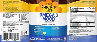 Photo of the Country Life Omega 3 Mood Natural Lemon Flavored! label