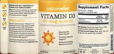 Photo of the NatureWise Vitamin D3 50 mcg (2,000 IU) label