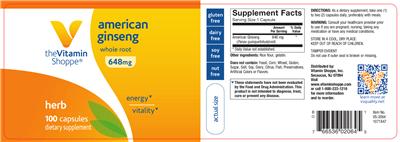 Photo of the The Vitamin Shoppe American Ginseng Whole Root 648 mg label