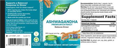Product label for Ashwagandha 500 mg
