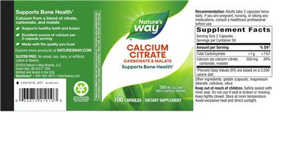 Photo of the Nature's Way Calcium Citrate 500 mg label