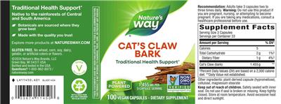 Photo of the Nature's Way Cat's Claw Bark 1,455 mg label