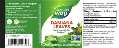Photo of the Nature's Way Damiana Leaves 600 mg label