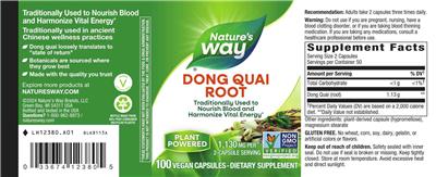 Photo of the Nature's Way Dong Quai Root 1,130 mg label