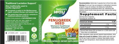 Photo of the Nature's Way Fenugreek Seed 1,130 mg label