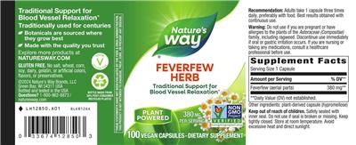 Photo of the Nature's Way Feverfew Herb 380 mg label
