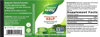 Photo of the Nature's Way Kelp Whole Thallus 600 mg label