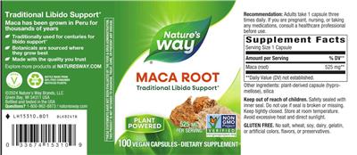Photo of the Nature's Way Maca Root 525 mg label