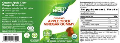 Photo of the Nature's Way Organic Apple Cider Vinegar Gummies 500 mg Apple Flavored label
