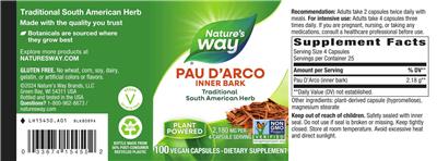 Photo of the Nature's Way Pau d'Arco Inner Bark 2,180 mg label