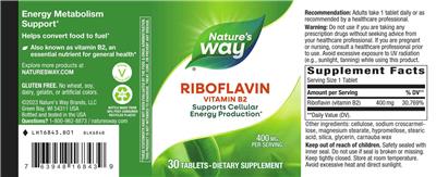 Photo of the Nature's Way Riboflavin Vitamin B2 400 mg label