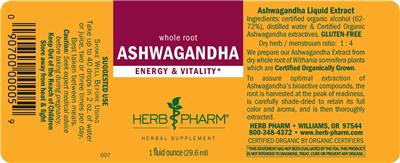 Photo of the Herb Pharm Ashwagandha label