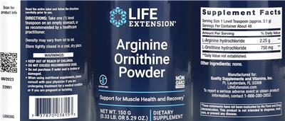 Photo of the Life Extension Arginine Ornithine Powder label