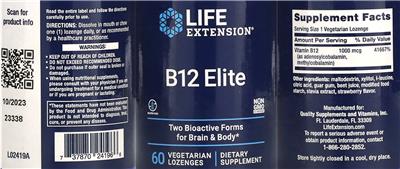 Photo of the Life Extension B12 Elite label