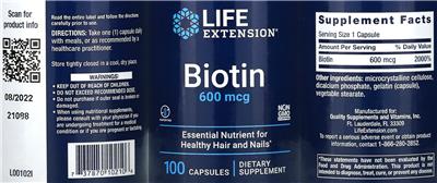 Photo of the Life Extension Biotin 600 mcg label
