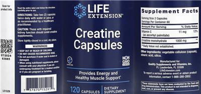 Photo of the Life Extension Creatine Capsules label