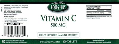 Photo of the Foods Plus Vitamin C 500 mg label