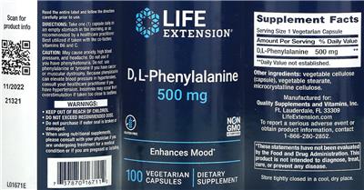 Photo of the Life Extension D, L-Phenylalanine 500 mg label