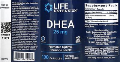 Photo of the Life Extension DHEA 25 mg label