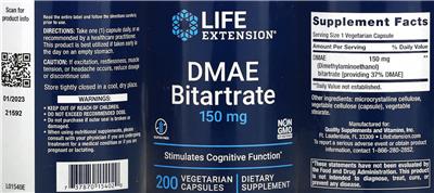 Photo of the Life Extension DMAE Bitartrate 150 mg label