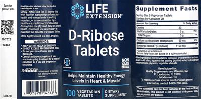 Photo of the Life Extension D-Ribose Tablets label