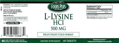 Photo of the Foods Plus L-Lysine HCl 500 mg label