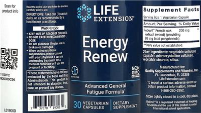 Photo of the Life Extension Energy Renew label