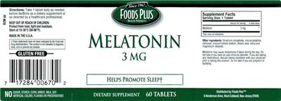 Photo of the Foods Plus Melatonin 3 mg label