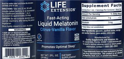 Photo of the Life Extension Fast-Acting Liquid Melatonin Citrus-Vanilla Flavor label