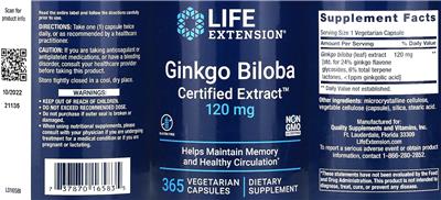 Photo of the Life Extension Ginkgo Biloba Certified Extract 120 mg label