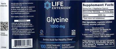 Photo of the Life Extension Glycine 1000 mg label