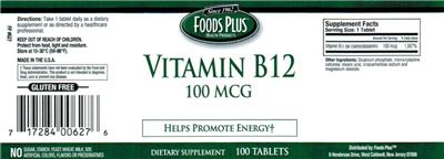 Photo of the Foods Plus Vitamin B12 100 mcg label