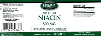 Photo of the Foods Plus No Flush Niacin 500 mg label