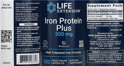 Photo of the Life Extension Iron Protein Plus 300 mg label