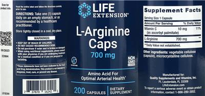 Photo of the Life Extension L-Arginine Caps 700 mg label